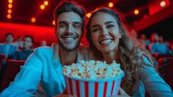 ai generado hermosa joven Pareja sentado en un cine con un grande Cubeta de palomitas de maiz foto