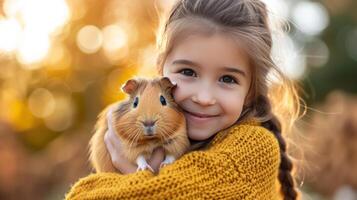 ai generado pequeño niña participación un linda Guinea cerdo en su brazos foto