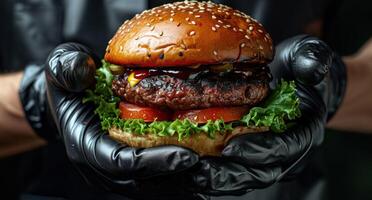 ai generado A la parrilla hamburguesa en un negro desechable guante foto