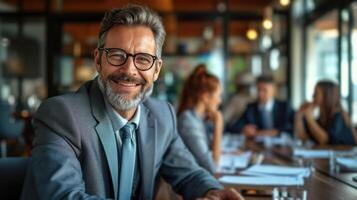 AI generated Suited businessman confidently presents strategic plans during a corporate meeting, exuding professionalism photo