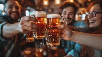 ai generado contento amigos Bebiendo cerveza en pub juntos foto