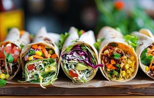 AI generated healthy wrap ideas recipes, warmcore, yellow and bronze, jack butler yeats, melds mexican and american cultures photo