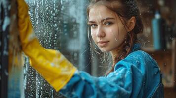 ai generado un joven hermosa niña en un azul mono lavados un ventana foto