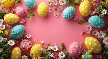 AI generated easter eggs arranged around a pink background photo