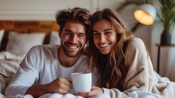 ai generado joven y contento Pareja en pijama Bebiendo café en cama foto