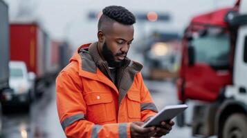 ai generado un transporte gerente revisando un Lista de Verificación en un estacionamiento lote foto