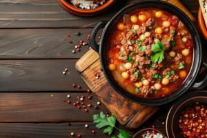 ai generado mexicano rojo pozole rojo sopa con Cerdo y vegetales foto