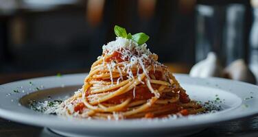 AI generated some spaghetti on a plate on a dark background photo