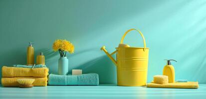 AI generated clean watering can with bucket, cleaning supplies photo