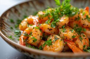 AI generated a plate containing shrimp and parsley photo