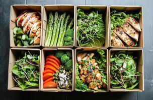 AI generated four boxes of food including asparagus, chicken, and lettuce photo