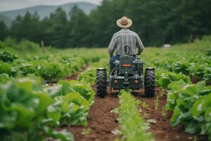 AI generated An automated farming robot working alongside a farmer, increasing agricultural efficiency photo