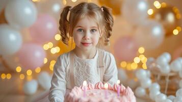 ai generado un 5 años de edad niña con dos coletas se sienta cerca un grande rosado pastel con 5 5 velas foto