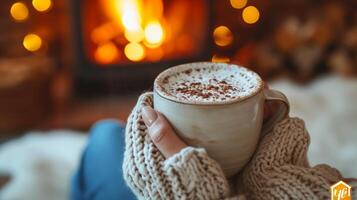 AI generated Winter Comfort with Hot Cocoa by Fireplace photo