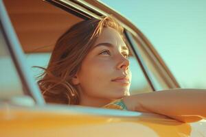 AI generated woman leaning out of window of car with beautiful view photo