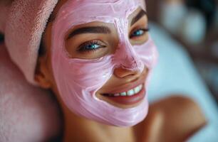 AI generated smile happy young woman smiling and having face mask done photo