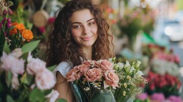 ai generado Rizado niña florista recoge un hermosa ramo de flores para el novia en un flor tienda en un francés calle foto