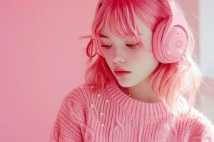 ai generado rosado peludo niña vistiendo auriculares con rosado suéter en un rosado antecedentes foto