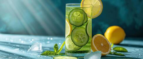 AI generated cucumber juice with lemon slice and onions photo