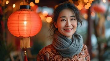 ai generado un alegre chino mujer participación un rojo linterna a hogar, mirando a el cámara foto
