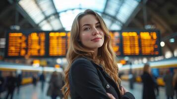 AI generated A Content Businesswoman Poses Confidently in Front of a Train Station Information Board photo