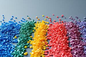 AI generated Dyed synthetic polymer resins granulates. Recycled plastic granules with mixed colors photo