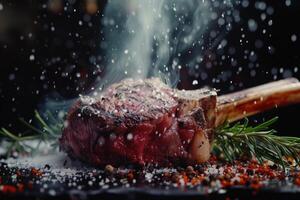 AI generated Grilled beef tomahawk steak on bone with salt, pepper, rosemary photo