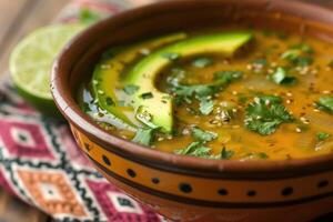 AI generated Sopa de Lima with coriander and avocado slices, chicken, and vegetables in a rustic bowl photo