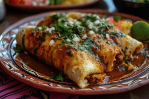 ai generado mexicano pollo enmoladas Delaware encacahuatado, o Topo poblano enchiladas, Topo negro, pipián foto