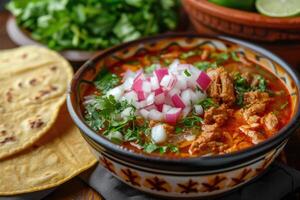 AI generated Mexican red pozole rojo soup with pork and vegetables photo