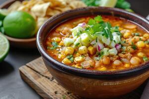 AI generated Mexican red pozole rojo soup with pork and vegetables photo
