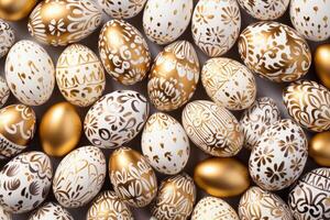 AI generated Easter eggs background. Each egg is uniquely decorated with different patterns and colors photo