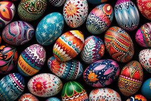 AI generated Easter eggs background. Each egg is uniquely decorated with different patterns and colors photo