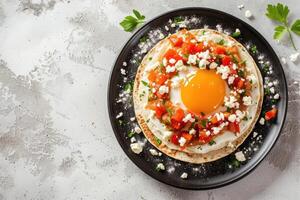 AI generated Mexican Huevos rancheros Egg Tostada, scrambled eggs, salsa, taco, tortillas, vegetables, parsley photo