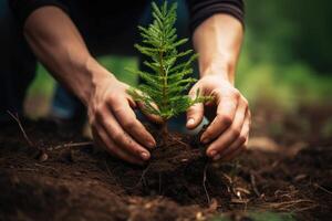 ai generado cerca arriba manos plantando pino árbol planta de semillero en bosque. tierra día salvar ambiente concepto. renovable recurso foto