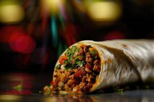 AI generated Mexican burrito with beef and vegetables photo