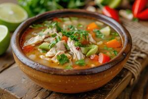 AI generated Sopa de Lima with coriander and lime, chicken, and vegetables in a rustic bowl photo