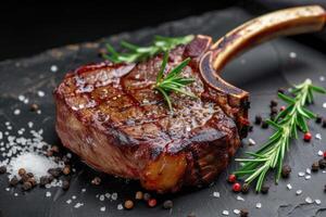 AI generated Grilled beef tomahawk steak on bone with salt, pepper, rosemary photo