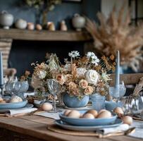 AI generated easter table setting with flowers and plates photo