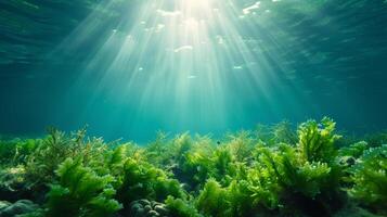 AI generated Beautiful sea background with algae on the bottom large copyspace area with copy space for text photo