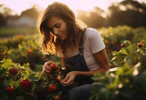 ai generado un mujer es cosecha fresas en el campo, alegre y optimista foto