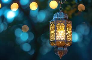 AI generated golden lantern with light and bokeh in the background photo