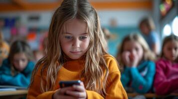 ai generado un blanco 12 años de edad niña se sienta y obras de teatro en su teléfono durante clase foto