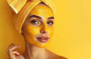 AI generated beautiful woman wearing honey mask in the morning with white facial skin photo