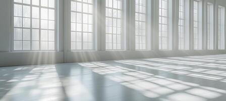 AI generated an empty white room with windows and a light reflection photo