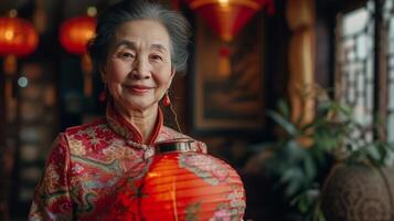 AI generated A Joyful Chinese Woman Holding a Red Lantern at Home, Looking at the Camera photo