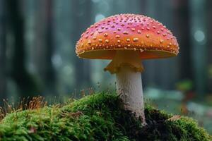 AI generated a red mushroom sits under the moss of the forest photo