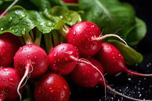 AI generated freshly harvested red radishes with water drops background photo