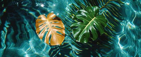 ai generado dos diferente tropical hojas por el agua foto