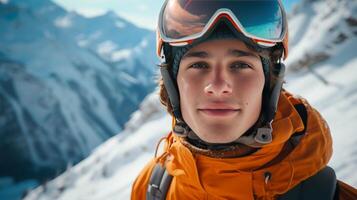 ai generado retrato de un hermosa joven hombre esquiar en el antecedentes de alpino clones foto